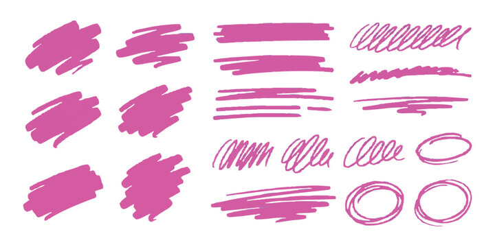 Set of pink marker strokes and hand drawn scribble shapes for design elements and creative text highlights