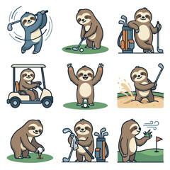 Fototapeta premium A collection of cute cartoon sloths playing golf in various fun poses