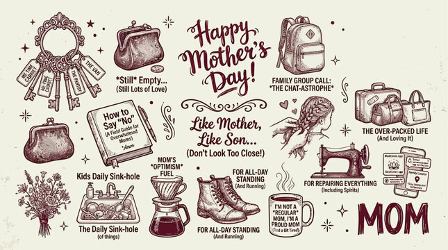 Heartwarming vector artwork portraying the relatable ups and downs of a mother's journey, from daily chores to special moments, in a vintage sketch style