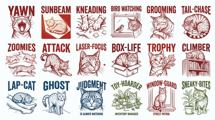 Naklejka premium A Playful Collection of Illustrated Cat Activities and Behaviors for Pet Lovers