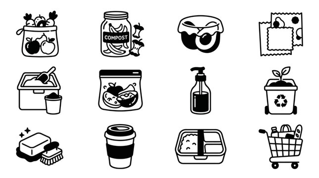 A collection of simple black and white icons representing sustainable living and eco-friendly habits