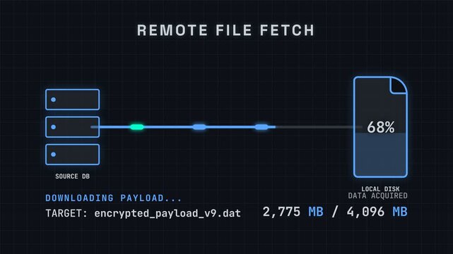 Remote file fetch progress, downloading payload animation with progress bar and percentage display, cyberpunk style, seamless loop, symbolizing data transfer and digital communication