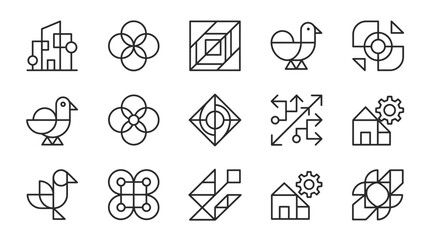 Fototapeta premium A collection of minimalist black line icons featuring various geometric shapes and abstract symbols