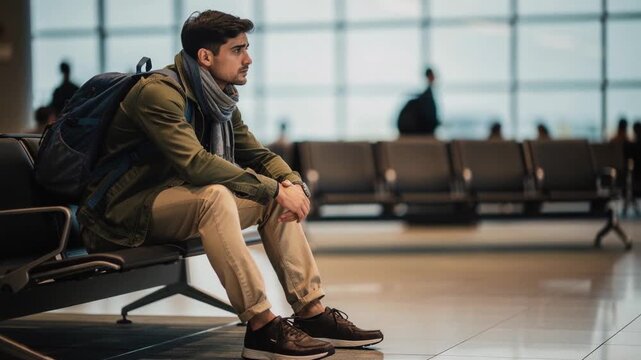 Young traveler with backpack patiently waiting deep in thought seated outdoors peaceful moment