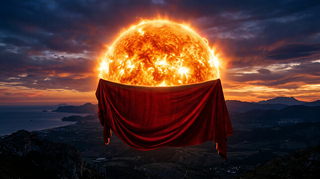 Surreal conceptual art showing a bright sun being covered by a red cloth curtain with dramatic landscape creative artistic twilight
