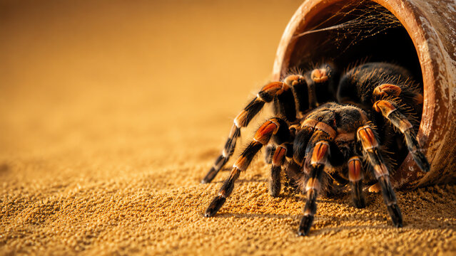 Striking close-up of a Brachypelma smithi tarantula emerging from a terracotta hide; bold black‑and‑orange leg bands contrast with fine sand grains under warm golden light, capturing the spider&rsquo;s dram
