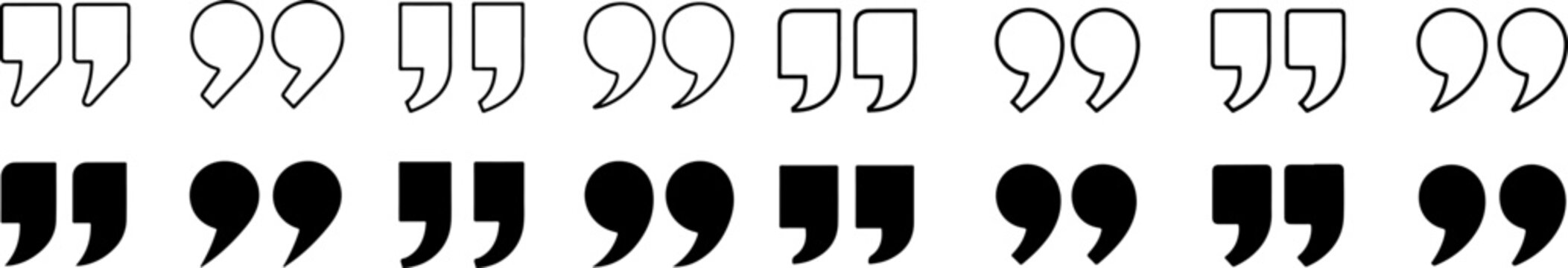 Double quotation mark icon set in solid and outline styles. Inverted comma symbols for speech, text formatting, typography, and quote design. Vector illustration.