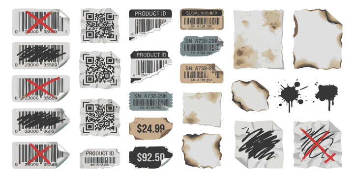 Collection of torn paper labels with barcodes QR codes price tags and ink stains for retail design elements