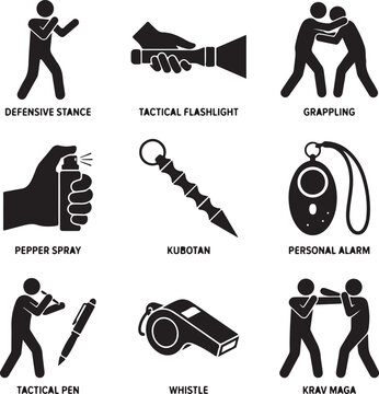 Self defense icons set, personal safety and protection equipment vector, krav maga and martial arts defensive techniques, black flat silhouettes