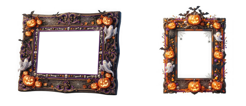 Halloween picture frames with pumpkins, ghosts, and skulls isolated on transparent background