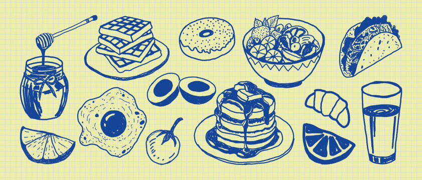 Hand Drawn Breakfast clipart Set. Vector illustration of coffee, sandwich, eggs, toast, jam, cheese and taco icons.