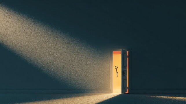 The key to success concept with glowing half open door, light shining into dark space, golden key, new opportunities, hidden potential, secret entrance, hope, achievement, future vision, business grow
