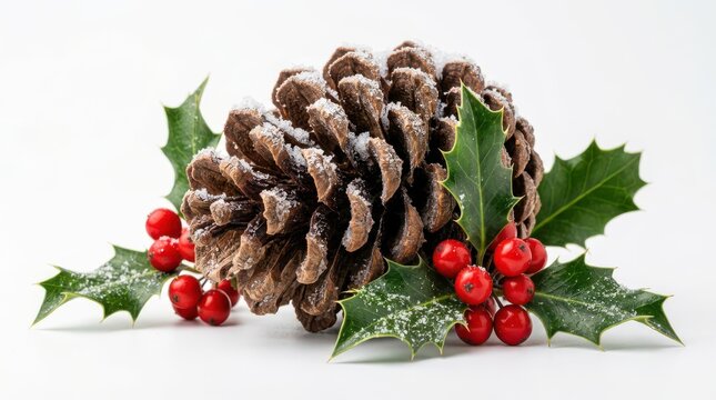 Pinecone with holly berries and leaves isolated on white background