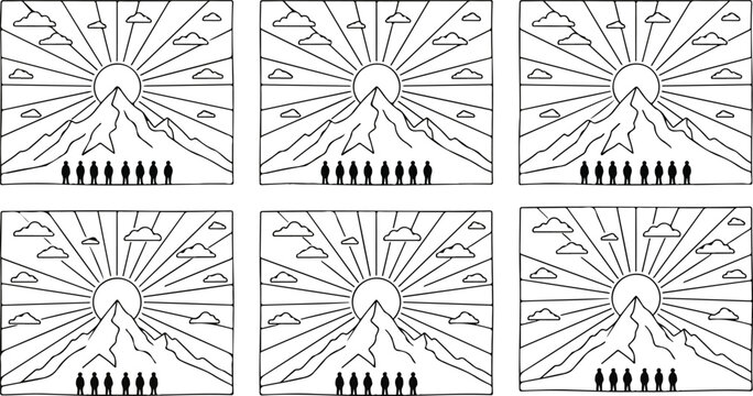 Mountain peak sunrise line art logo set with people silhouettes sun rays and clouds landscape wallpaper