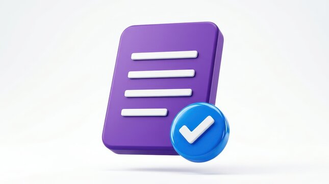 3d purple document icon with a blue checkmark isolated on white background