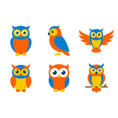 Fototapeta premium A collection of six colorful cartoon owls on white background