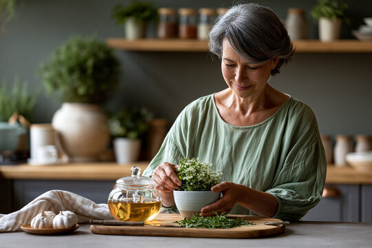 Senior woman preparing boldo herbal tea in a bright kitchen showcasing Brazilian medicinal herb wellness healthy independence and calm living