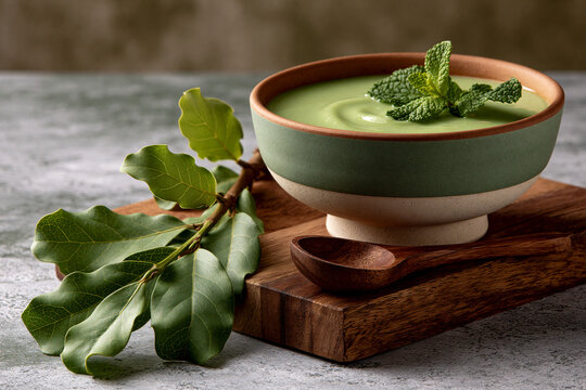 Fresh boldo leaves beside green detox soup in a ceramic bowl showcasing Brazilian medicinal herb wellness longevity and healthy home living