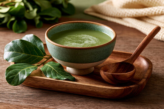 Fresh boldo leaves beside green detox soup in a ceramic bowl showcasing Brazilian medicinal herb wellness longevity and healthy home living