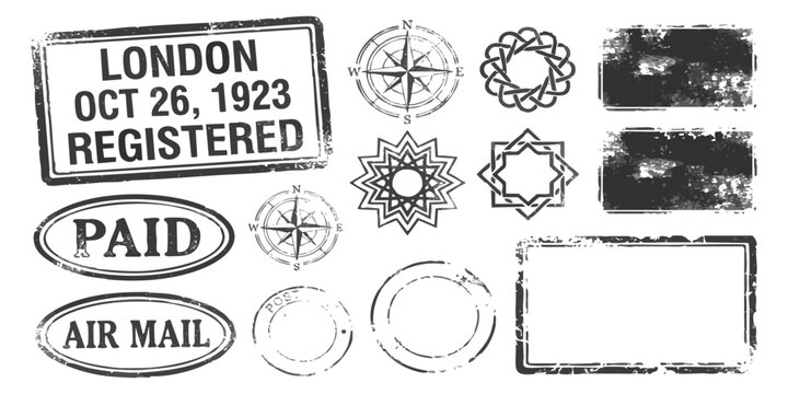Set of vintage postal stamps and ink marks for mail and letters with compass and geometric patterns in black