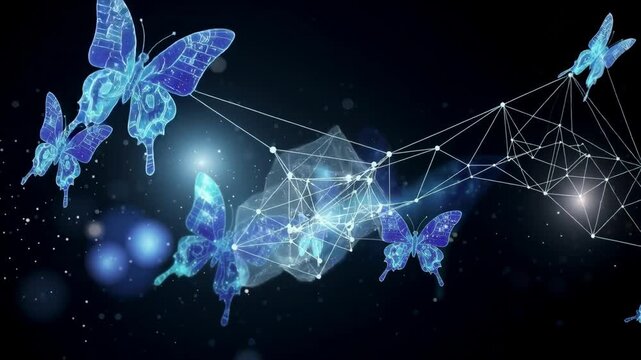 Mesmerizing digital animation of glowing blue butterflies with intricate circuit patterns in a futuristic style