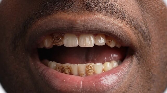 Extreme Close-up of Man's Mouth Showing Severe Tooth Decay and Stains