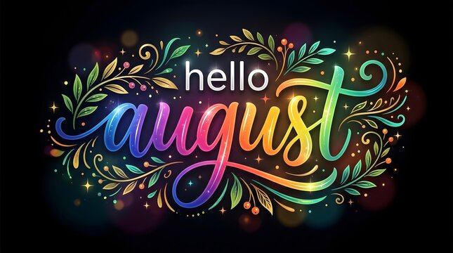 Hello August Vibrant Gradient Lettering Illustration with Glossy Calligraphy and Botanical Details