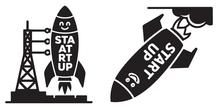 Startup launch concept with happy rocket on launchpad and rocket with text startup.