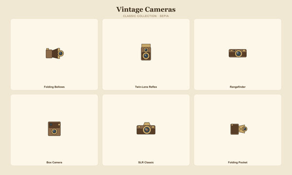 vintage camera collection in sepia tones for design