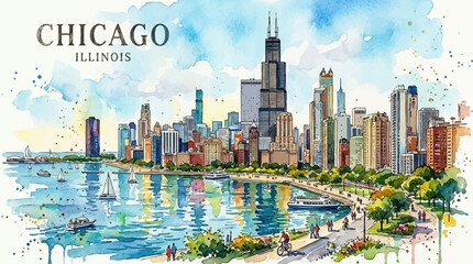 Fototapeta premium Watercolor Chicago Skyline with Willis Tower, Lake Michigan Waterfront and Modern Skyscrapers Travel Illustration