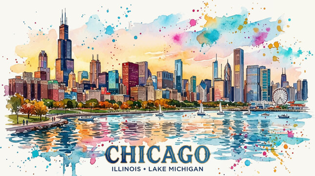 Watercolor Chicago Skyline with Willis Tower, Lake Michigan Waterfront and Modern Skyscrapers Travel Illustration