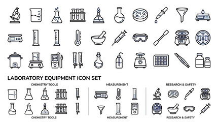 Naklejka premium Laboratory Equipment Icon Set - Science, Research, Chemistry Tools & Measurement