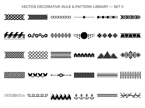 Assorted vector decorative rules and patterns library in black and white.