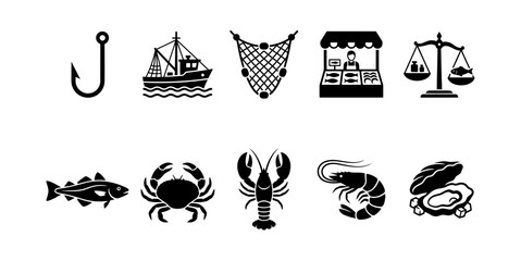 Fishing and seafood symbols displayed in rows © adgraphic team