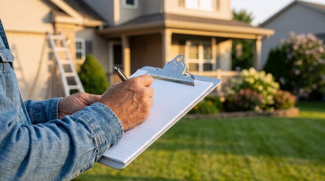 Home inspector writing on clipboard during professional residential property assessment with inspector property assessment clipboard inspection building maintenance