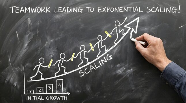 Hand drawing a business concept on a blackboard showing teamwork leading to exponential scaling with stick figures in a relay race moving up a growth curve and initial progress bars