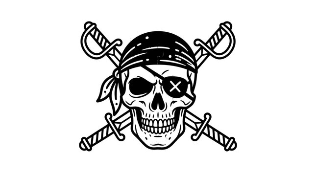 A black and white illustration of a human skull wearing a bandana with crossed swords behind it