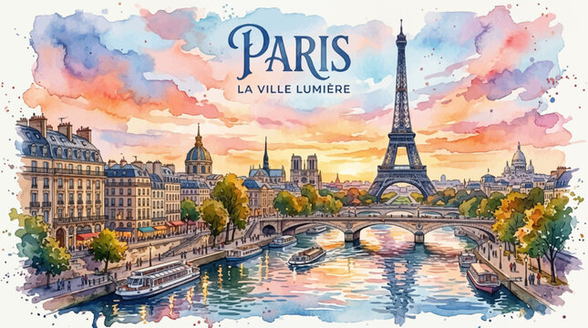 Watercolor Paris Skyline with Eiffel Tower and Seine River, Romantic French Cityscape Travel Illustration