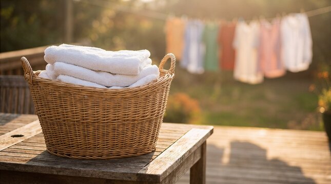 Basket of freshly laundered white towels on wooden table outside with outdoor living clothesline sunlight housework textiles lifestyle domestic homemaking