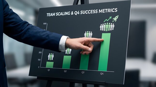 Professional in a business suit pointing to a presentation board showing team scaling and fourth quarter success metrics with green bar charts and growing personnel icons