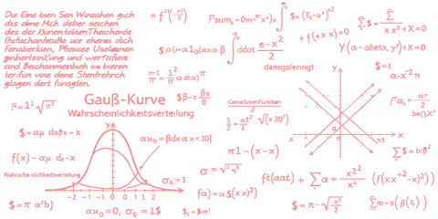 Mathematical formulas with a normal distribution bell curve graph shown on a educational blackboard surface © GraphixEra