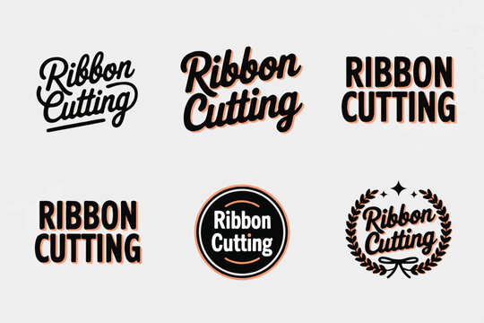 Ceremonial ribbon cutting typography collection featuring various elegant script and bold display styles for grand opening events.