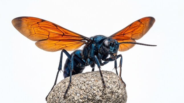 A macro shot of a large Tarantula Hawk Wasp (Pepsis formosa) with its deep orange wings fully extended