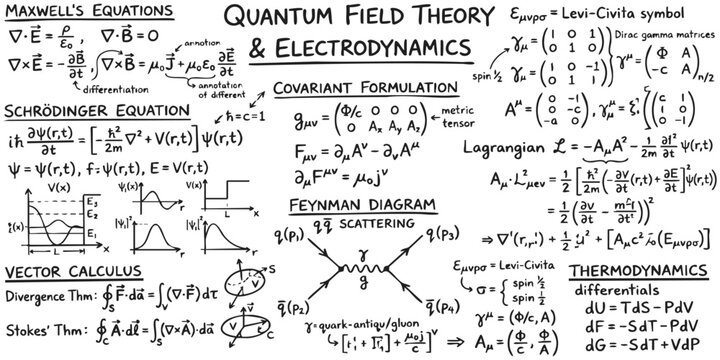 Handwritten physics notes with quantum field theory equations and electrodynamics formulas on a chalkboard