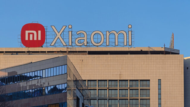 Extra Large Mi Xiaomi Sign at Top of Office Building in New Belgrade Serbia