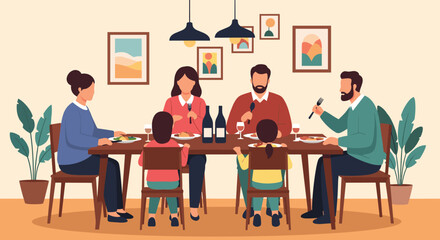Fototapeta premium Big happy family having a delicious dinner together at a wooden dining table in a cozy home dining room under hanging lamps.