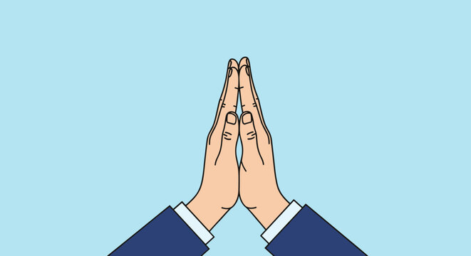 Two hands in corporate blue suit sleeves pressed together in a prayer or namaste greeting gesture, isolated on blue background.