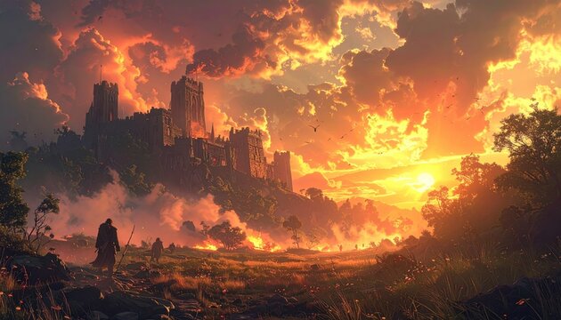 A majestic castle atop a hill at sunset with figures walking toward it in a fiery sky
