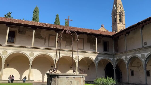 Historic Stone Courtyard and Cloister Columns of the Basilica of Santa Croce in Florence