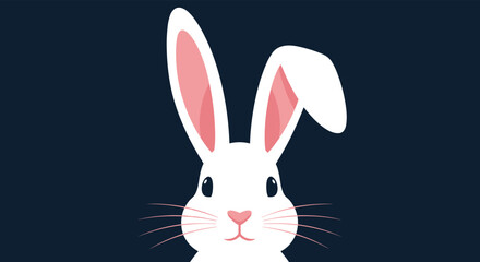 Fototapeta premium Minimalist vector portrait of a cute white rabbit with pink inner ears and one floppy ear on a dark navy background.